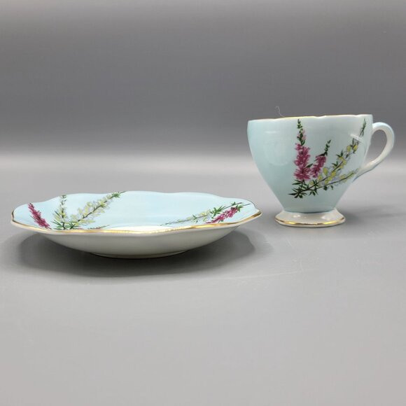 Vtg Foley Bone China Highland Heather Teacup & Saucer Set England Blue Floral - Picture 6 of 16